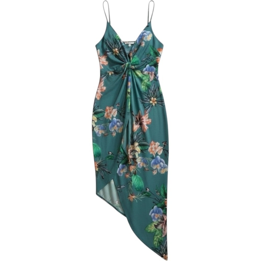Charlotte Russe Teal Floral Mesh Maxi Dress Womens XS Tropical High Low Wrap